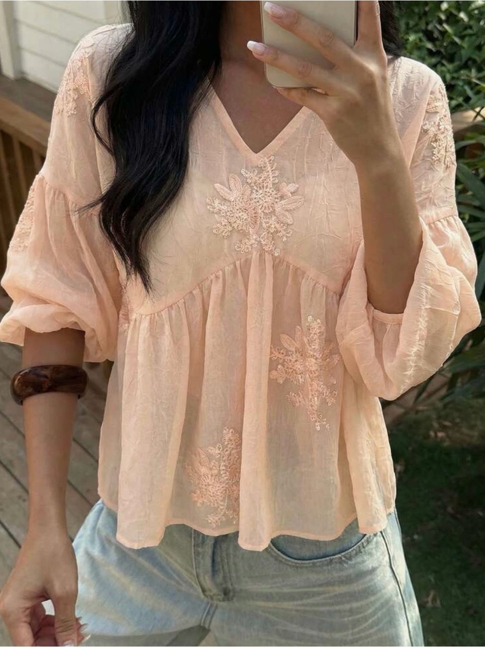 Women’s V-Neck Embroidered Peasant Blouse in Blush